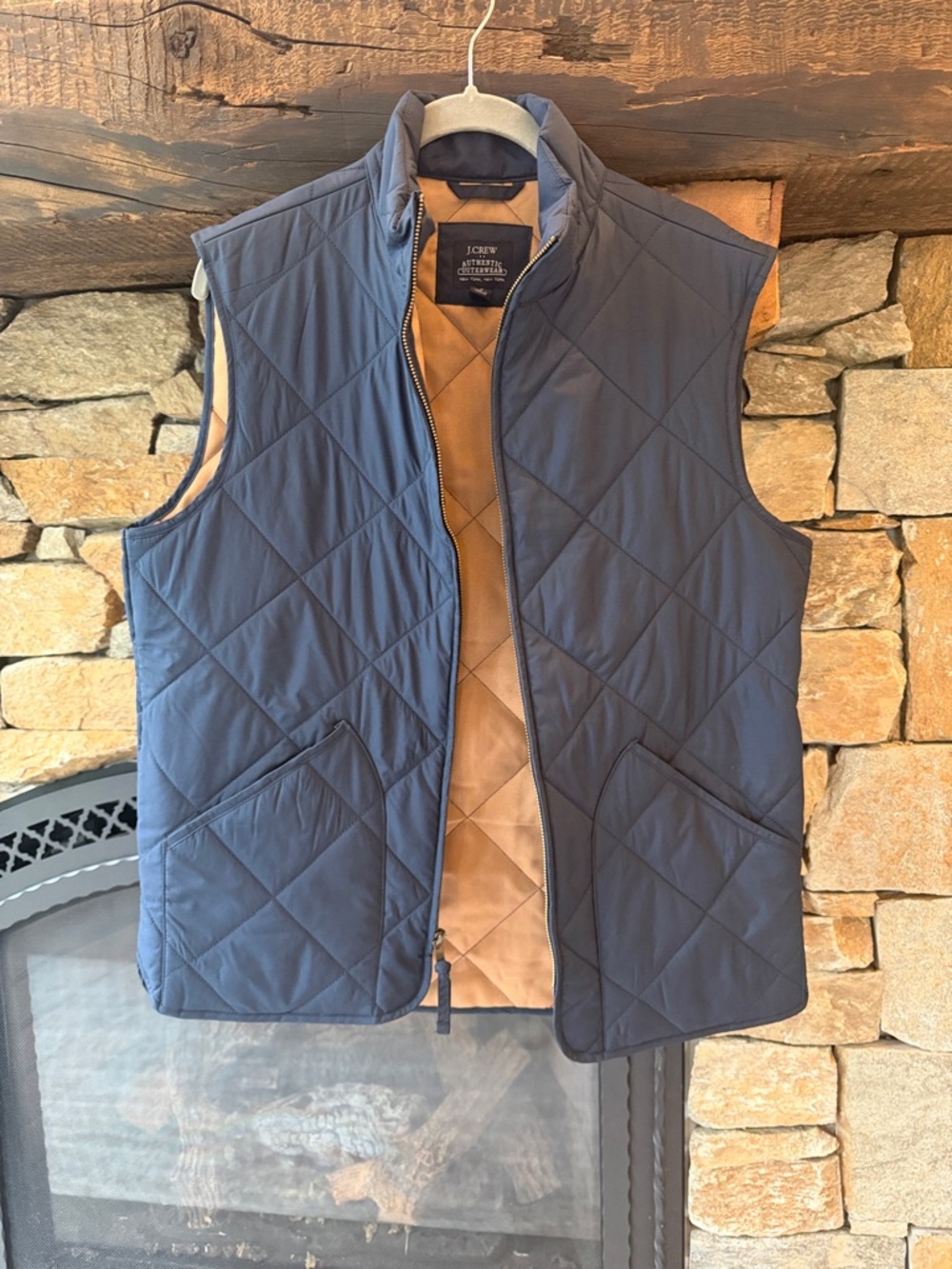 J. Crew Men’s Walker Quilted Navy Vest with Tan Lining